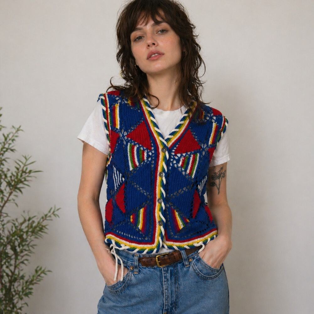 Vintage 90s Carol Little Primary Color Knit Vest Petite Cotton Blend S